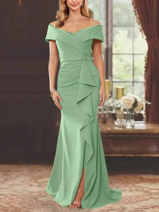 Sheath/Column Off-the-Shoulder Sleeveless Floor-Length Mother of the Bride Dresses With Ruffles - Image 13