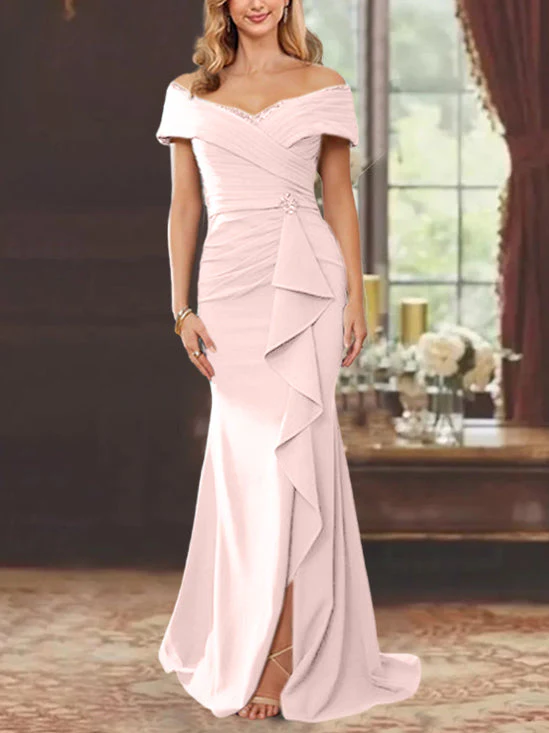 Sheath/Column Off-the-Shoulder Sleeveless Floor-Length Mother of the Bride Dresses With Ruffles - Image 14
