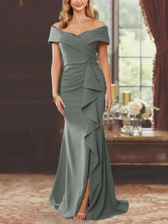 Sheath/Column Off-the-Shoulder Sleeveless Floor-Length Mother of the Bride Dresses With Ruffles - Image 16