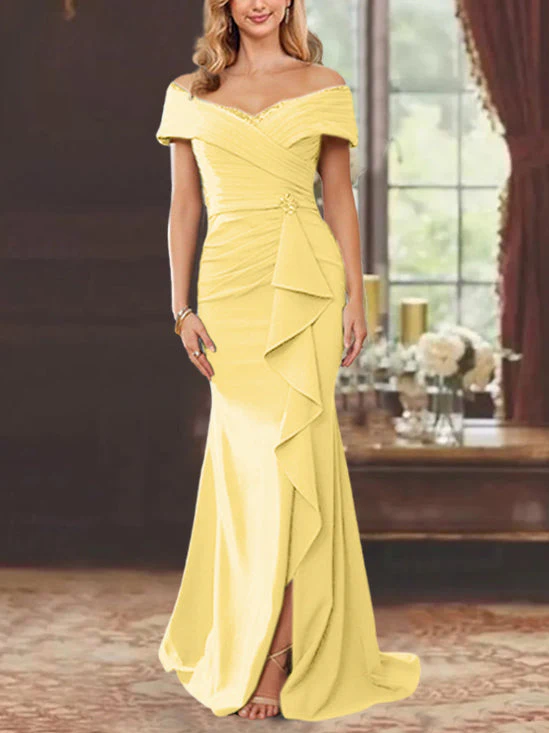 Sheath/Column Off-the-Shoulder Sleeveless Floor-Length Mother of the Bride Dresses With Ruffles - Image 18