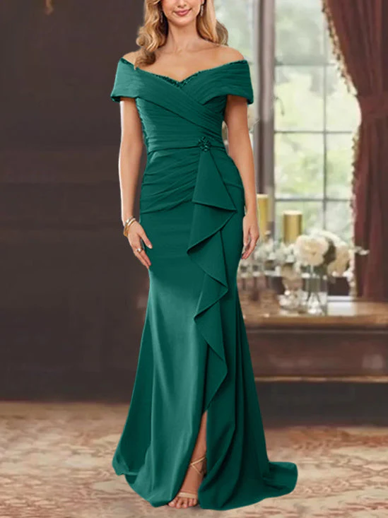 Sheath/Column Off-the-Shoulder Sleeveless Floor-Length Mother of the Bride Dresses With Ruffles - Image 19