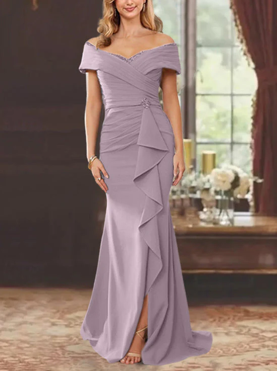 Sheath/Column Off-the-Shoulder Sleeveless Floor-Length Mother of the Bride Dresses With Ruffles - Image 20