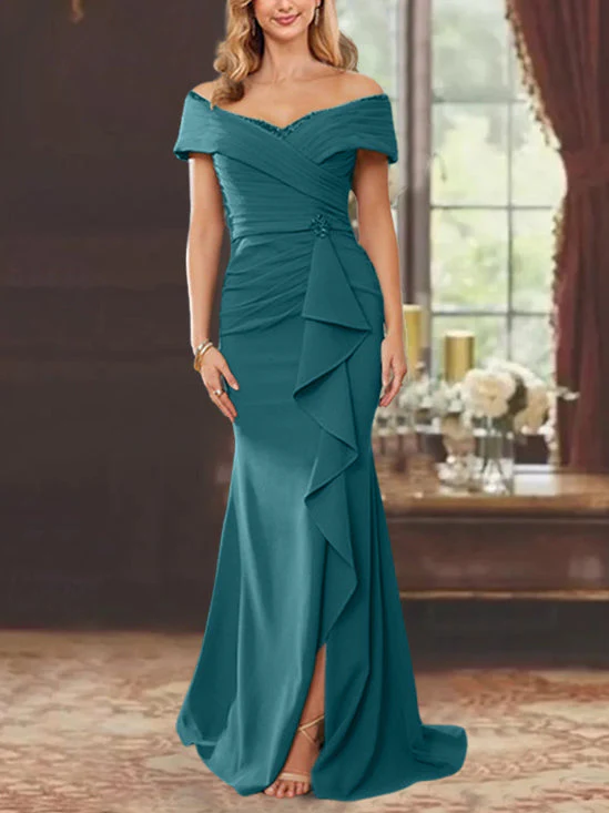 Sheath/Column Off-the-Shoulder Sleeveless Floor-Length Mother of the Bride Dresses With Ruffles - Image 22