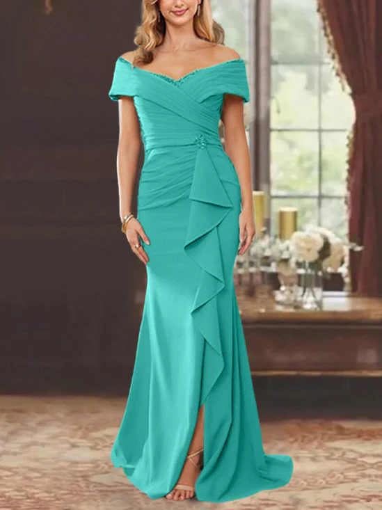 Sheath/Column Off-the-Shoulder Sleeveless Floor-Length Mother of the Bride Dresses With Ruffles - Image 23