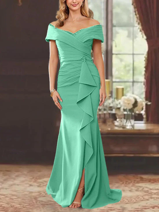 Sheath/Column Off-the-Shoulder Sleeveless Floor-Length Mother of the Bride Dresses With Ruffles - Image 25