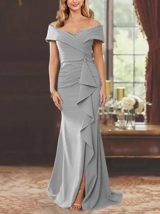 Sheath/Column Off-the-Shoulder Sleeveless Floor-Length Mother of the Bride Dresses With Ruffles - Image 27