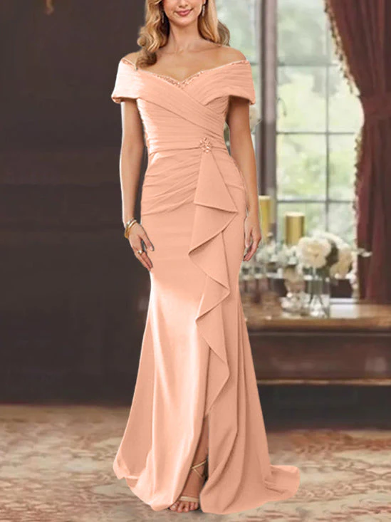 Sheath/Column Off-the-Shoulder Sleeveless Floor-Length Mother of the Bride Dresses With Ruffles - Image 28