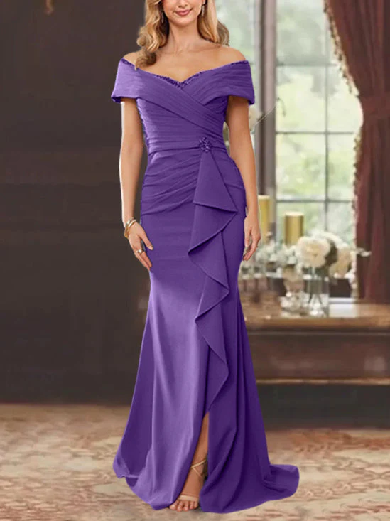 Sheath/Column Off-the-Shoulder Sleeveless Floor-Length Mother of the Bride Dresses With Ruffles - Image 31