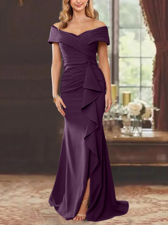 Sheath/Column Off-the-Shoulder Sleeveless Floor-Length Mother of the Bride Dresses With Ruffles - Image 32