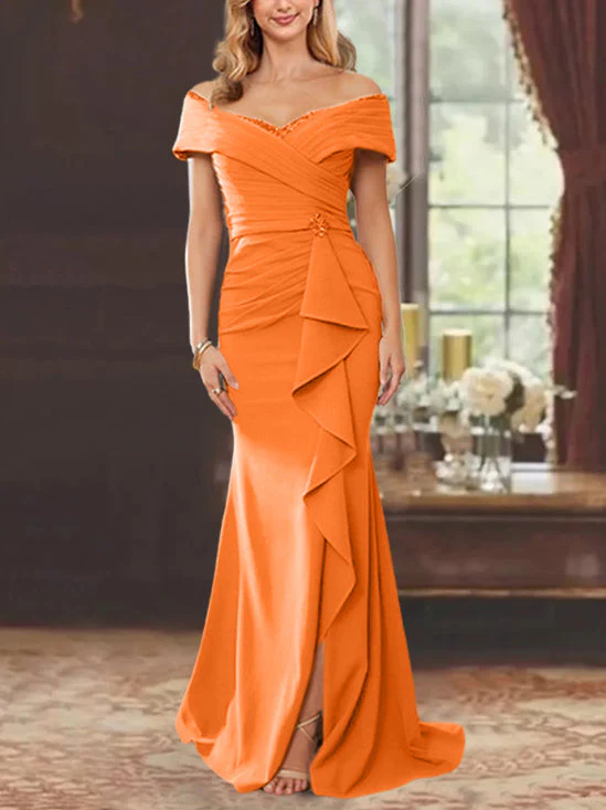 Sheath/Column Off-the-Shoulder Sleeveless Floor-Length Mother of the Bride Dresses With Ruffles - Image 34