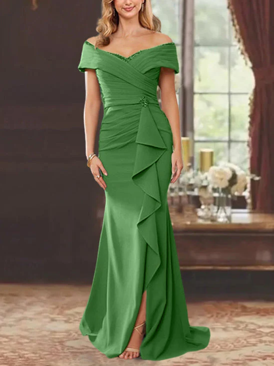 Sheath/Column Off-the-Shoulder Sleeveless Floor-Length Mother of the Bride Dresses With Ruffles - Image 35