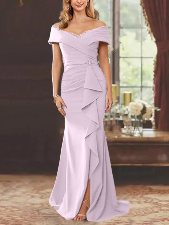 Sheath/Column Off-the-Shoulder Sleeveless Floor-Length Mother of the Bride Dresses With Ruffles - Image 40