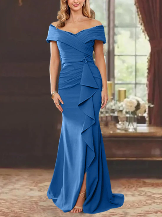 Sheath/Column Off-the-Shoulder Sleeveless Floor-Length Mother of the Bride Dresses With Ruffles - Image 42