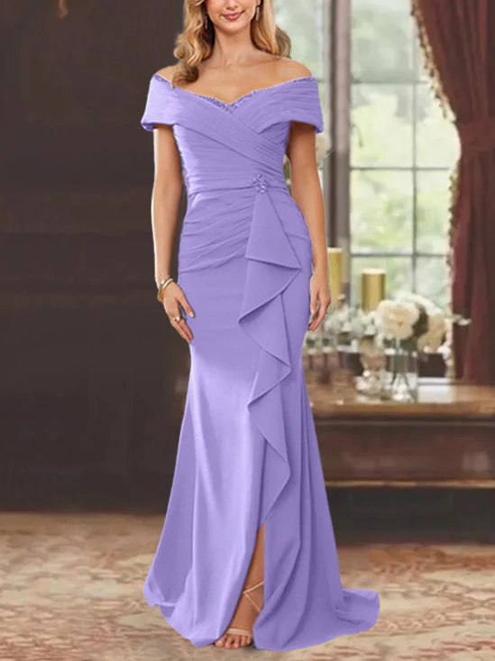 Sheath/Column Off-the-Shoulder Sleeveless Floor-Length Mother of the Bride Dresses With Ruffles - Image 43