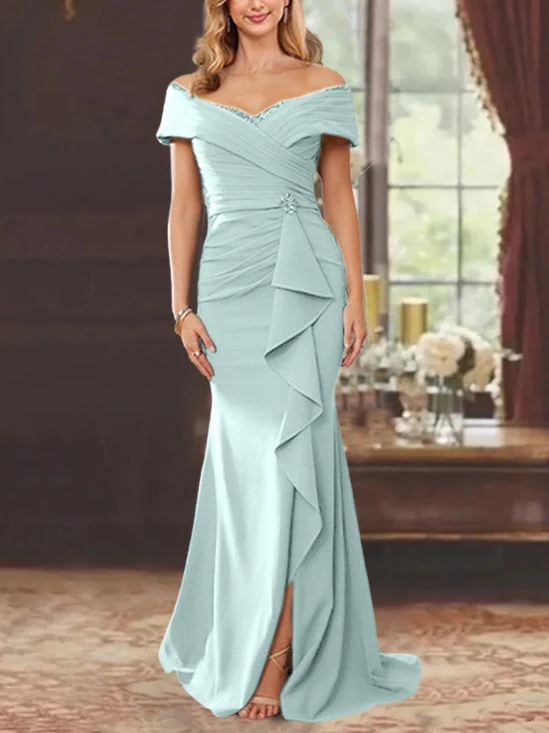 Sheath/Column Off-the-Shoulder Sleeveless Floor-Length Mother of the Bride Dresses With Ruffles - Image 44