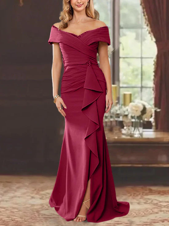 Sheath/Column Off-the-Shoulder Sleeveless Floor-Length Mother of the Bride Dresses With Ruffles - Image 45
