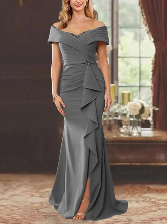 Sheath/Column Off-the-Shoulder Sleeveless Floor-Length Mother of the Bride Dresses With Ruffles - Image 49