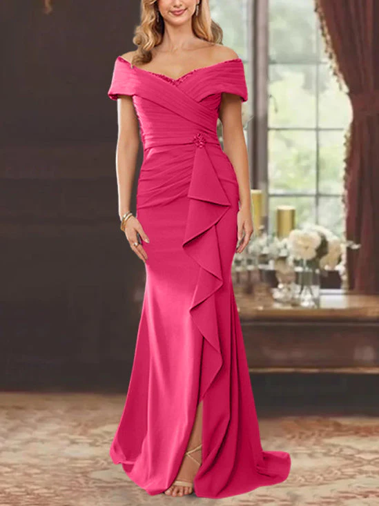 Sheath/Column Off-the-Shoulder Sleeveless Floor-Length Mother of the Bride Dresses With Ruffles - Image 50