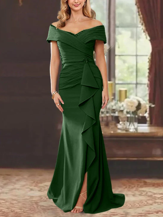 Sheath/Column Off-the-Shoulder Sleeveless Floor-Length Mother of the Bride Dresses With Ruffles - Image 52