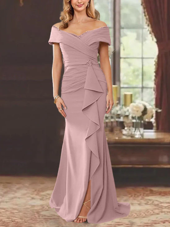 Sheath/Column Off-the-Shoulder Sleeveless Floor-Length Mother of the Bride Dresses With Ruffles - Image 53