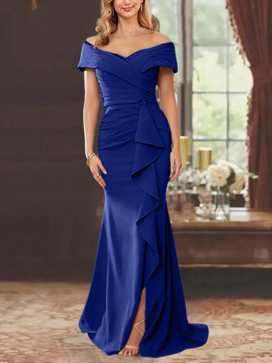 Sheath/Column Off-the-Shoulder Sleeveless Floor-Length Mother of the Bride Dresses With Ruffles - Image 54