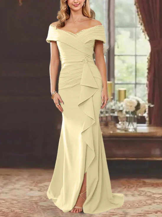 Sheath/Column Off-the-Shoulder Sleeveless Floor-Length Mother of the Bride Dresses With Ruffles - Image 56