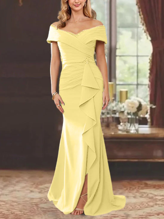 Sheath/Column Off-the-Shoulder Sleeveless Floor-Length Mother of the Bride Dresses With Ruffles - Image 57