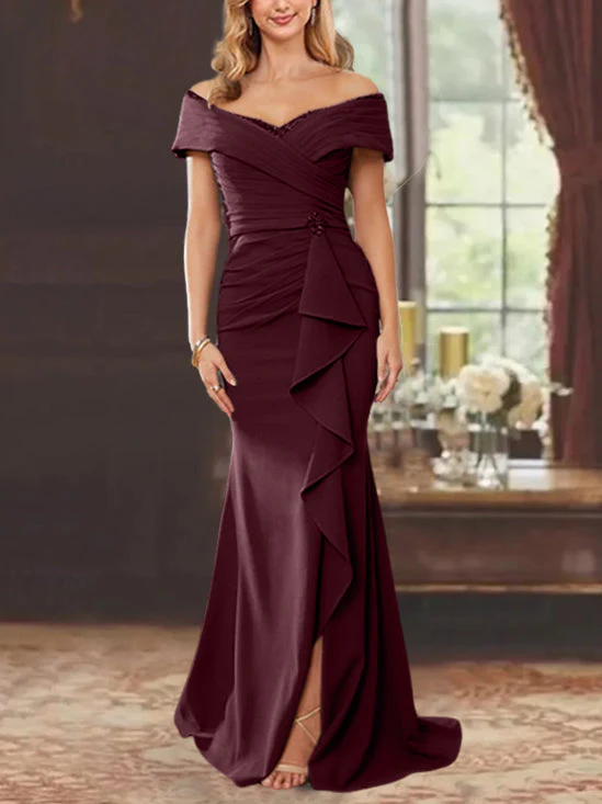 Sheath/Column Off-the-Shoulder Sleeveless Floor-Length Mother of the Bride Dresses With Ruffles - Image 58