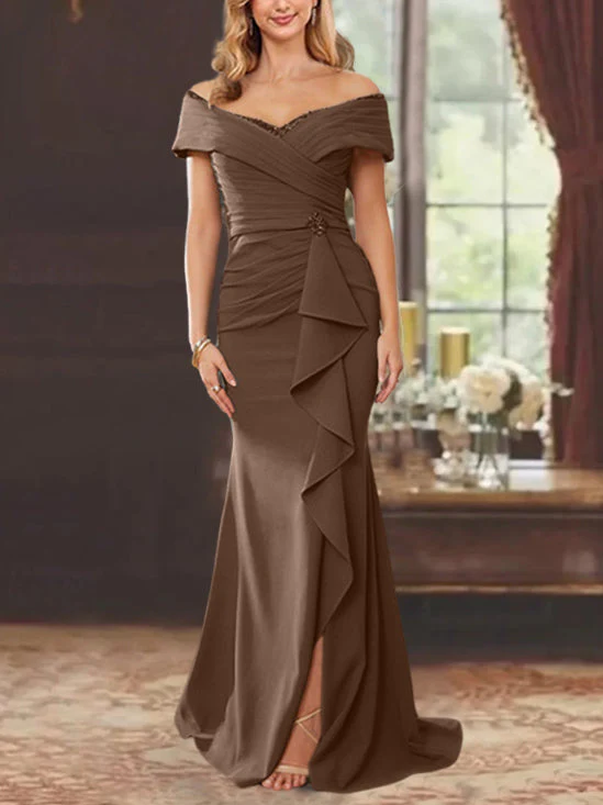 Sheath/Column Off-the-Shoulder Sleeveless Floor-Length Mother of the Bride Dresses With Ruffles - Image 59
