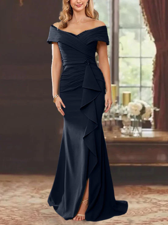 Sheath/Column Off-the-Shoulder Sleeveless Floor-Length Mother of the Bride Dresses With Ruffles - Image 62
