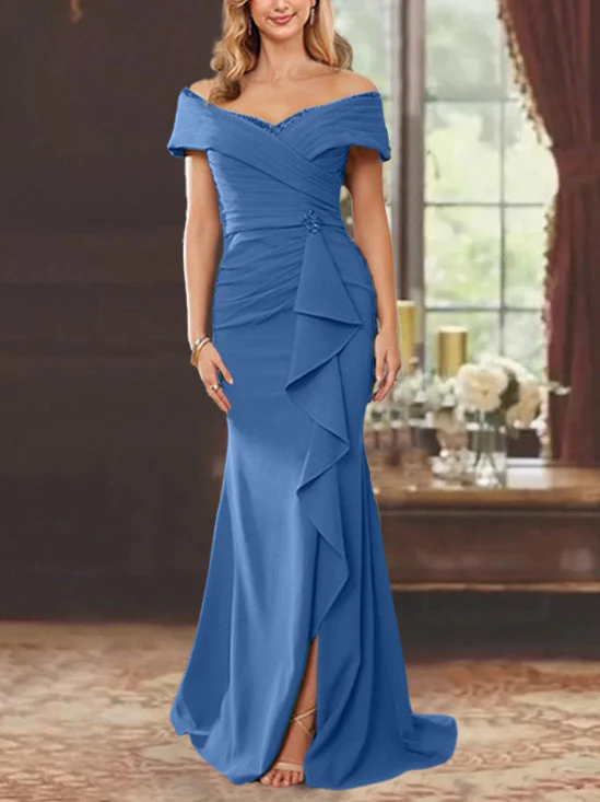 Sheath/Column Off-the-Shoulder Sleeveless Floor-Length Mother of the Bride Dresses With Ruffles - Image 63