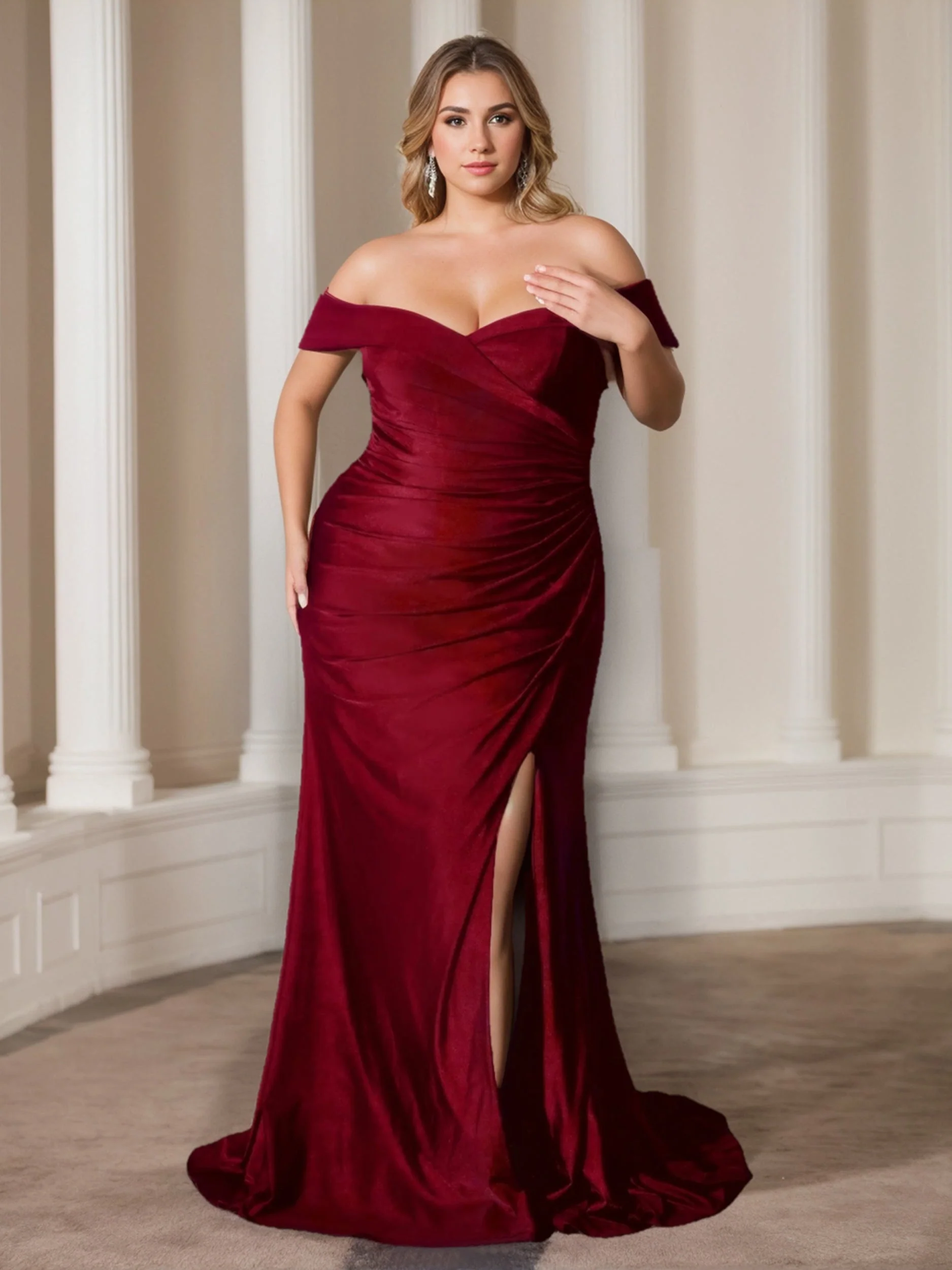 Sheath/Column Off-the-Shoulder Sleeveless Floor-length Plus Size Prom Dresses with Ruffles - Image 2
