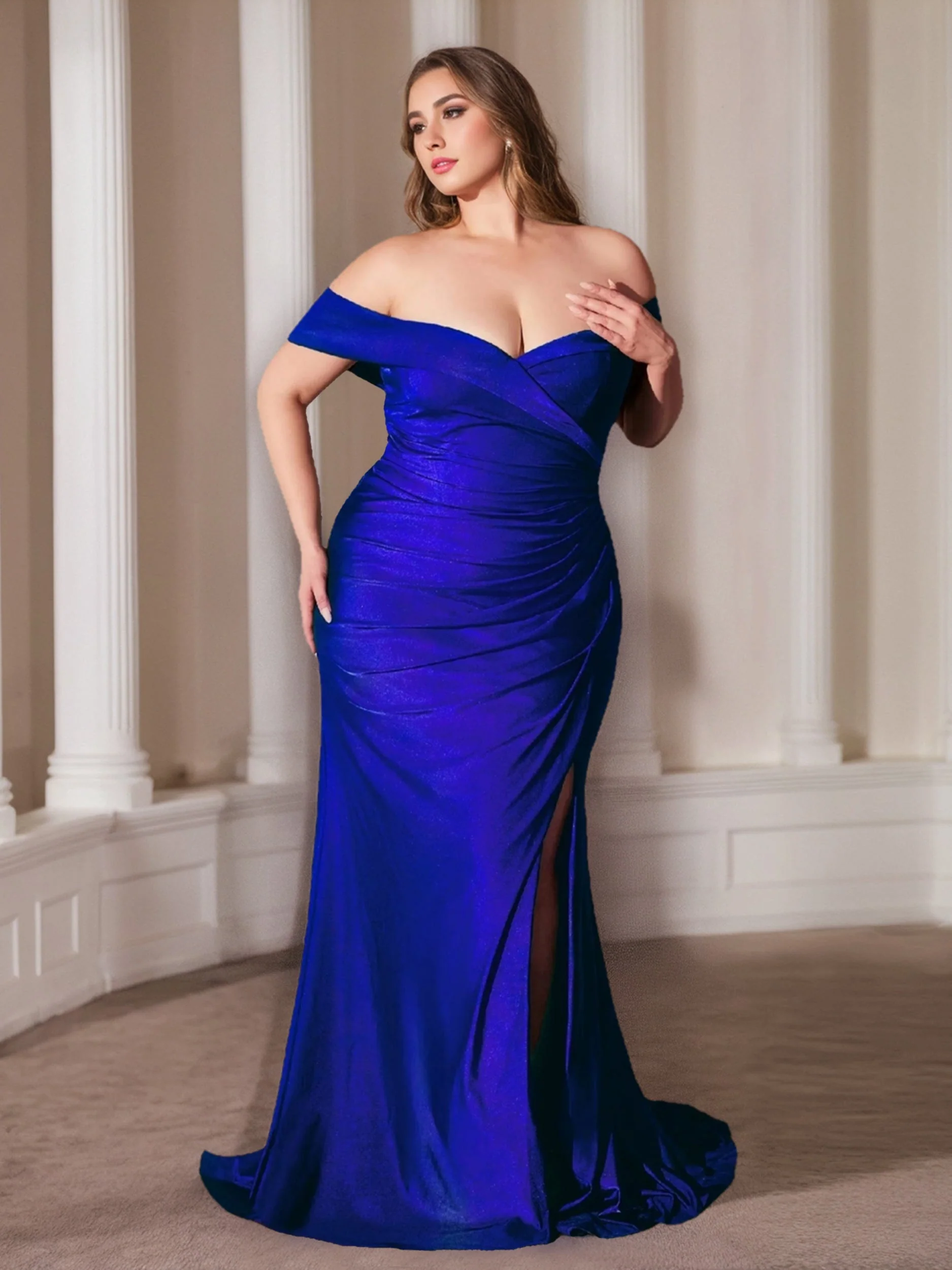Sheath/Column Off-the-Shoulder Sleeveless Floor-length Plus Size Prom Dresses with Ruffles - Image 7