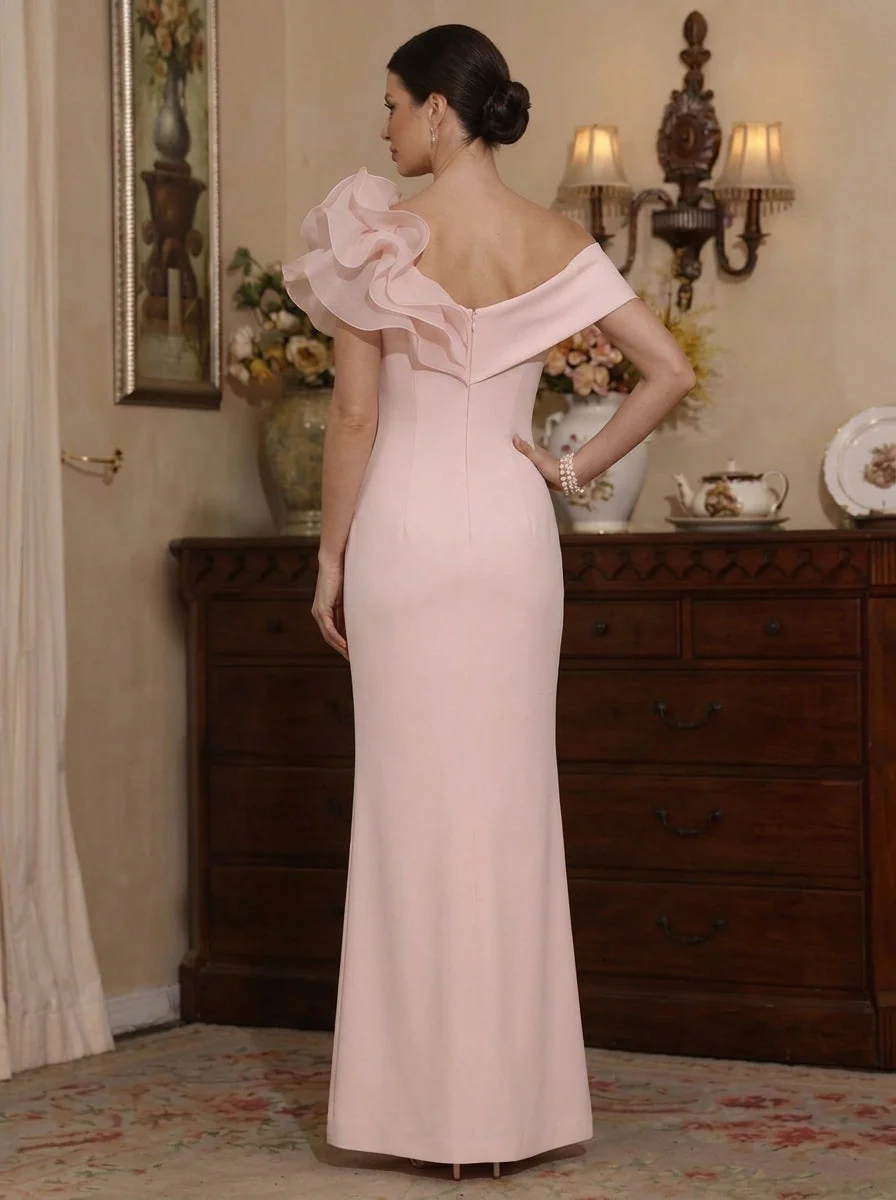 Sheath/Column Off-the-Shoulder Stretch Satin Mother of the Bride Dresses with 3D Flower Sleeveless Ankle-Length - Image 2