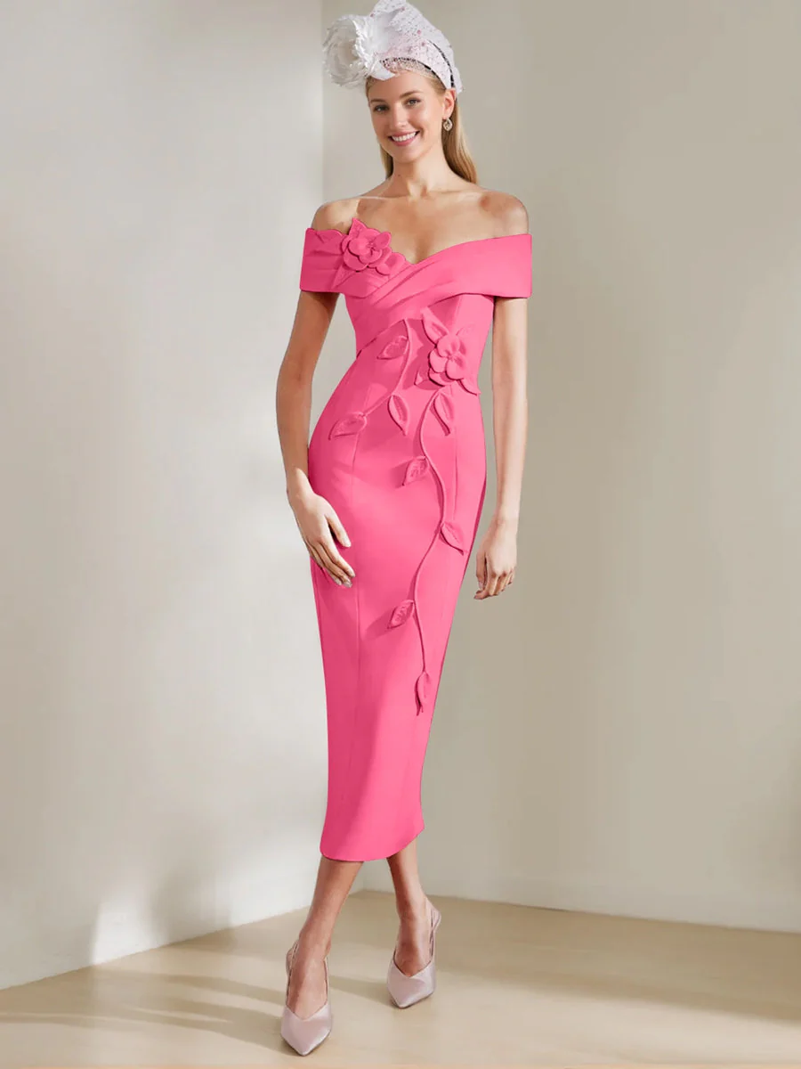 Sheath/Column Off-the-shoulder Tea-Length Mother of the Bride Dresses with 3D Flowers - Image 15
