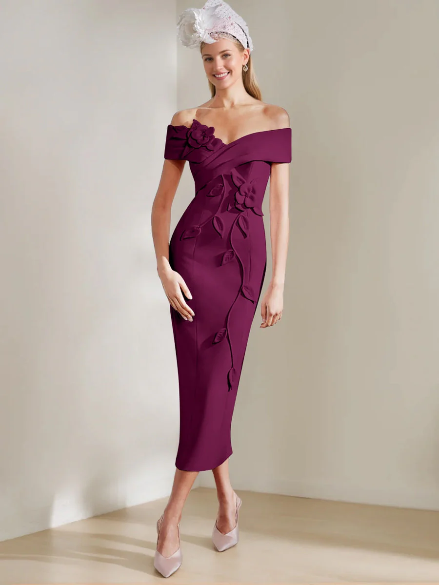 Sheath/Column Off-the-shoulder Tea-Length Mother of the Bride Dresses with 3D Flowers - Image 33