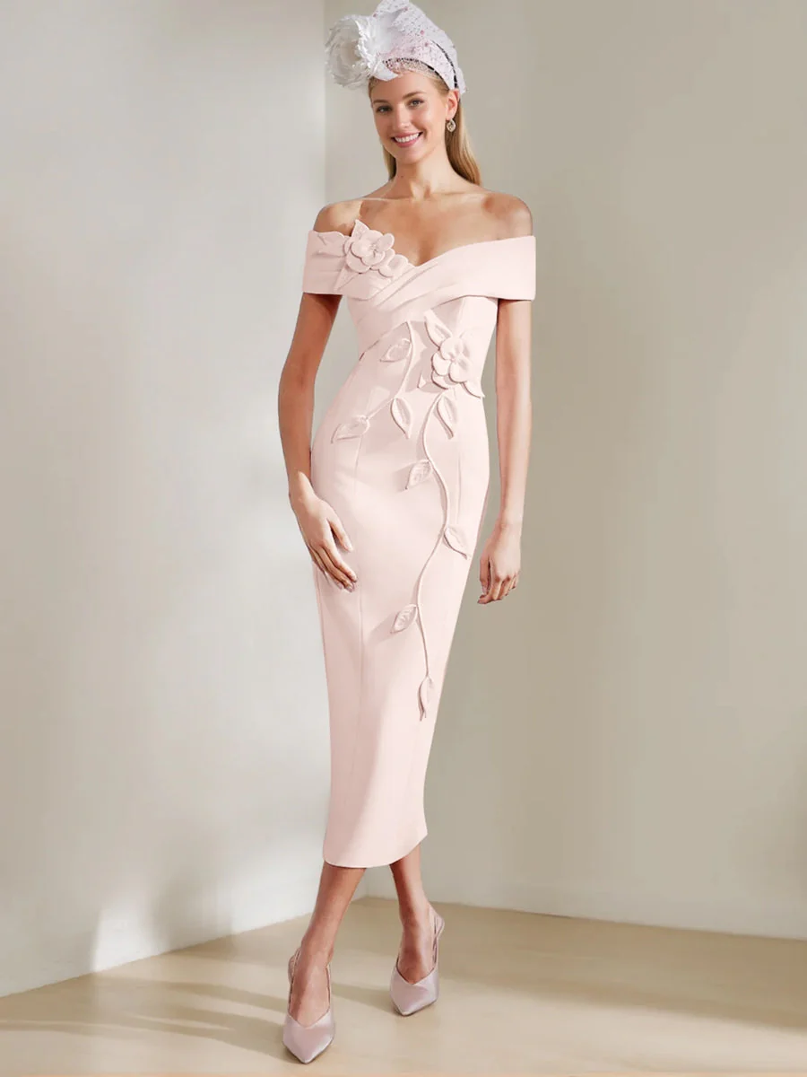 Sheath/Column Off-the-shoulder Tea-Length Mother of the Bride Dresses with 3D Flowers - Image 36