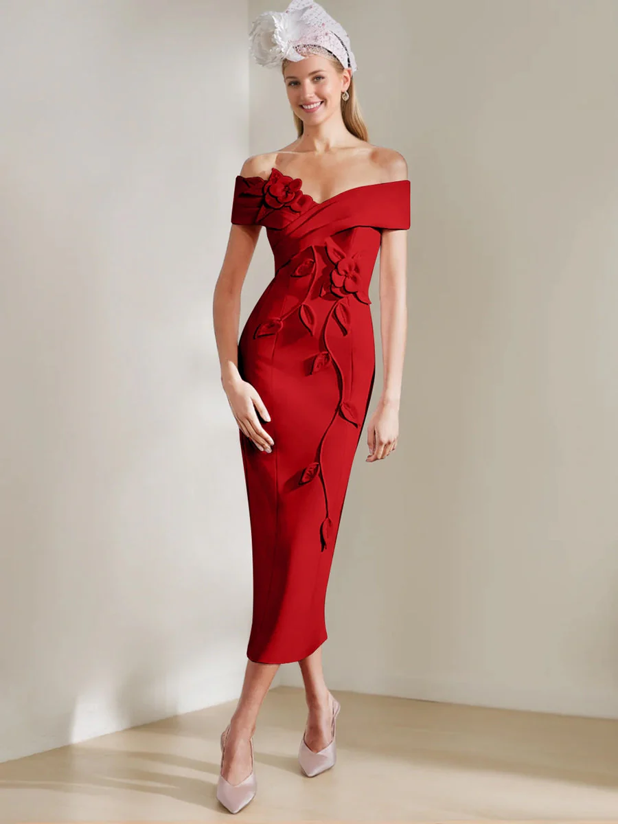 Sheath/Column Off-the-shoulder Tea-Length Mother of the Bride Dresses with 3D Flowers - Image 38