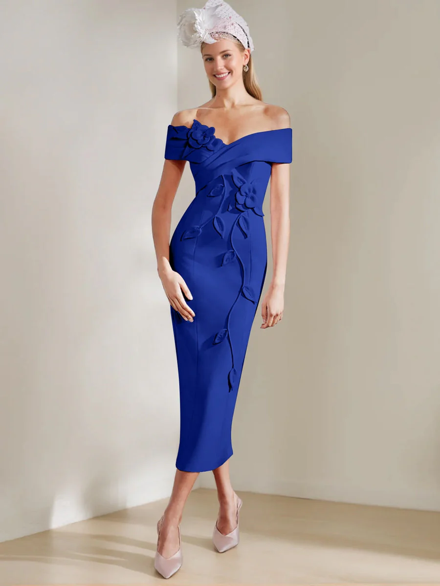 Sheath/Column Off-the-shoulder Tea-Length Mother of the Bride Dresses with 3D Flowers - Image 39