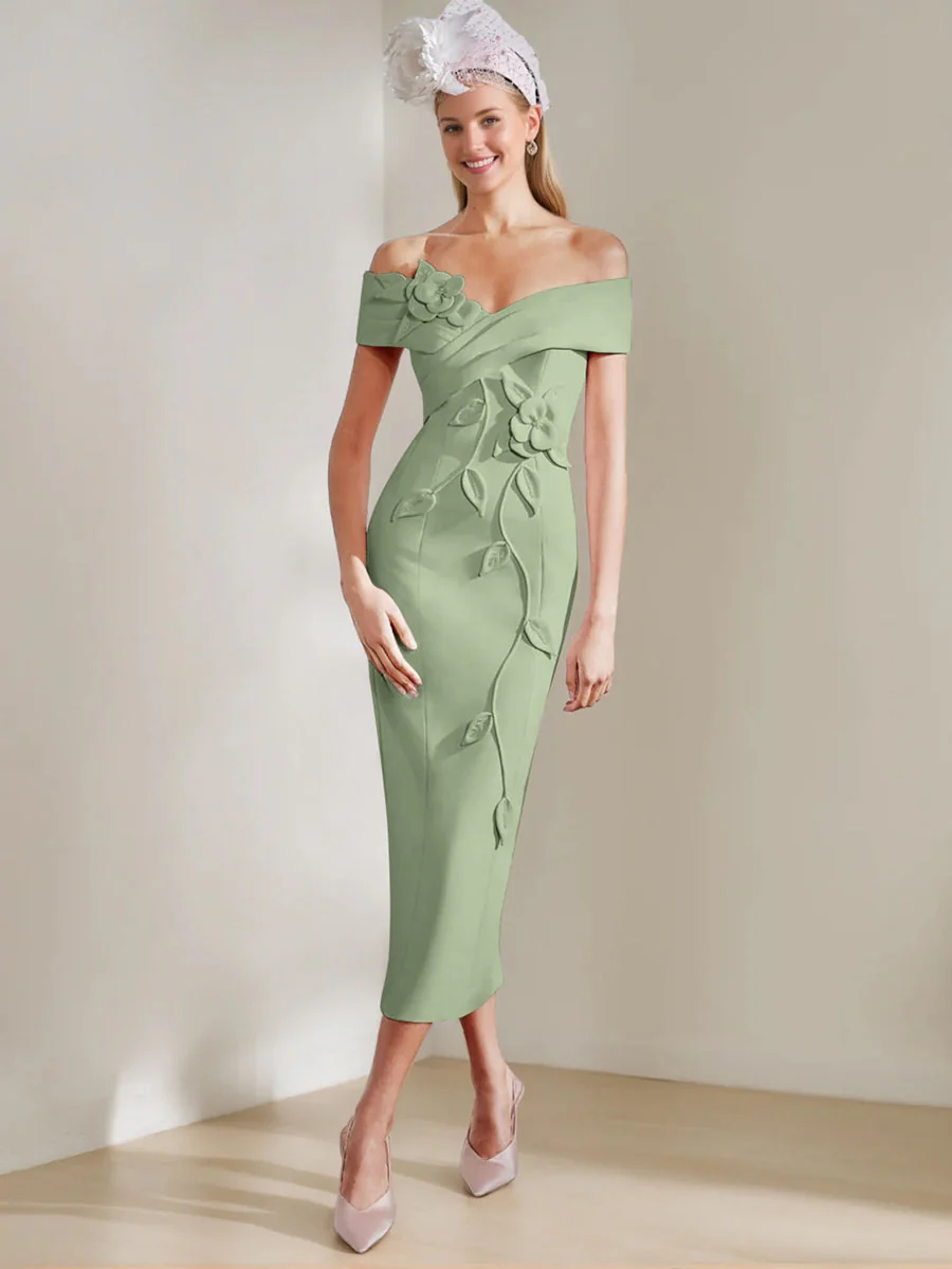 Sheath/Column Off-the-shoulder Tea-Length Mother of the Bride Dresses with 3D Flowers - Image 40