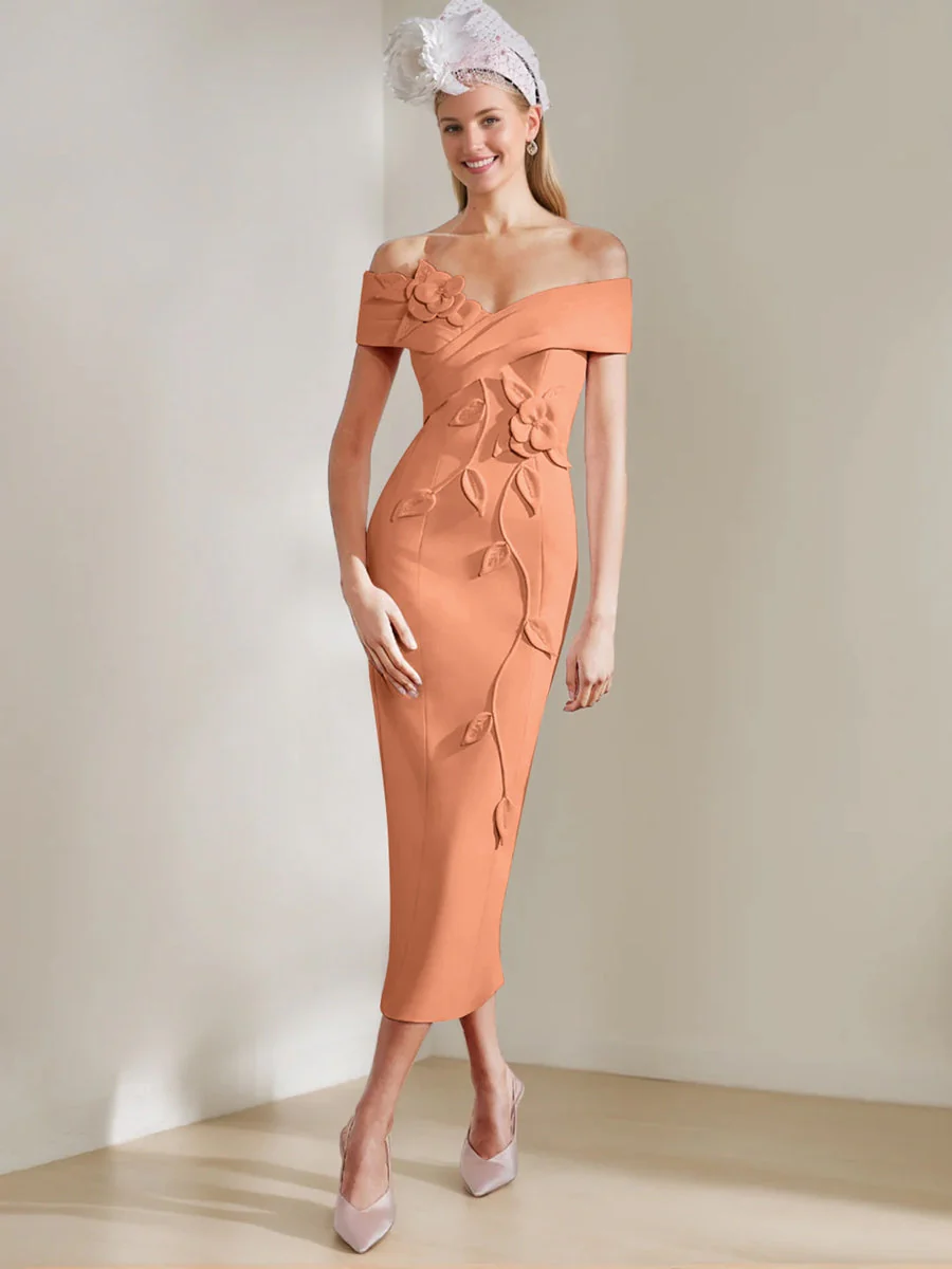 Sheath/Column Off-the-shoulder Tea-Length Mother of the Bride Dresses with 3D Flowers - Image 41