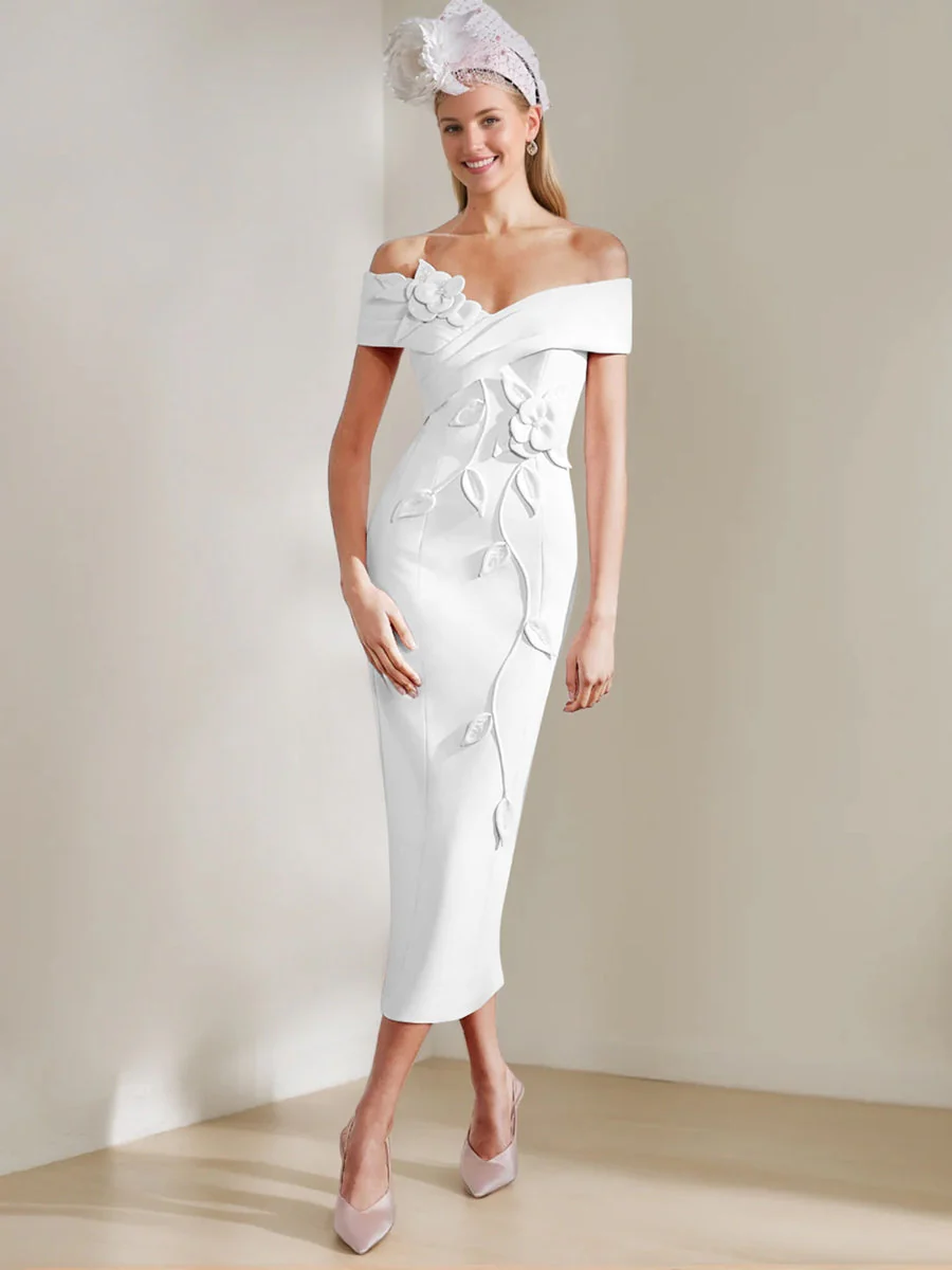 Sheath/Column Off-the-shoulder Tea-Length Mother of the Bride Dresses with 3D Flowers - Image 48