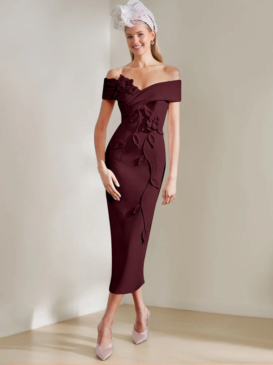 Sheath/Column Off-the-shoulder Tea-Length Mother of the Bride Dresses with 3D Flowers - Image 6