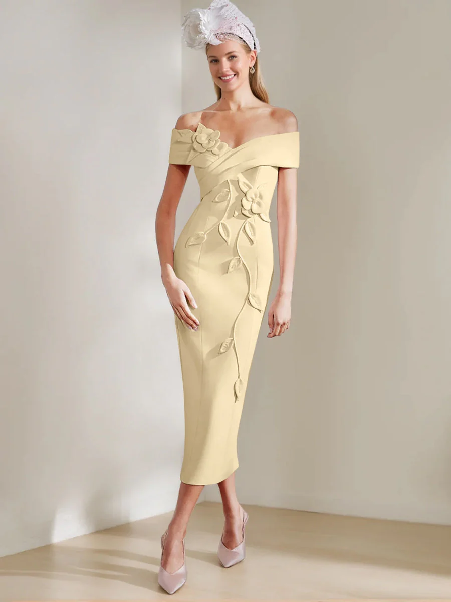 Sheath/Column Off-the-shoulder Tea-Length Mother of the Bride Dresses with 3D Flowers - Image 8
