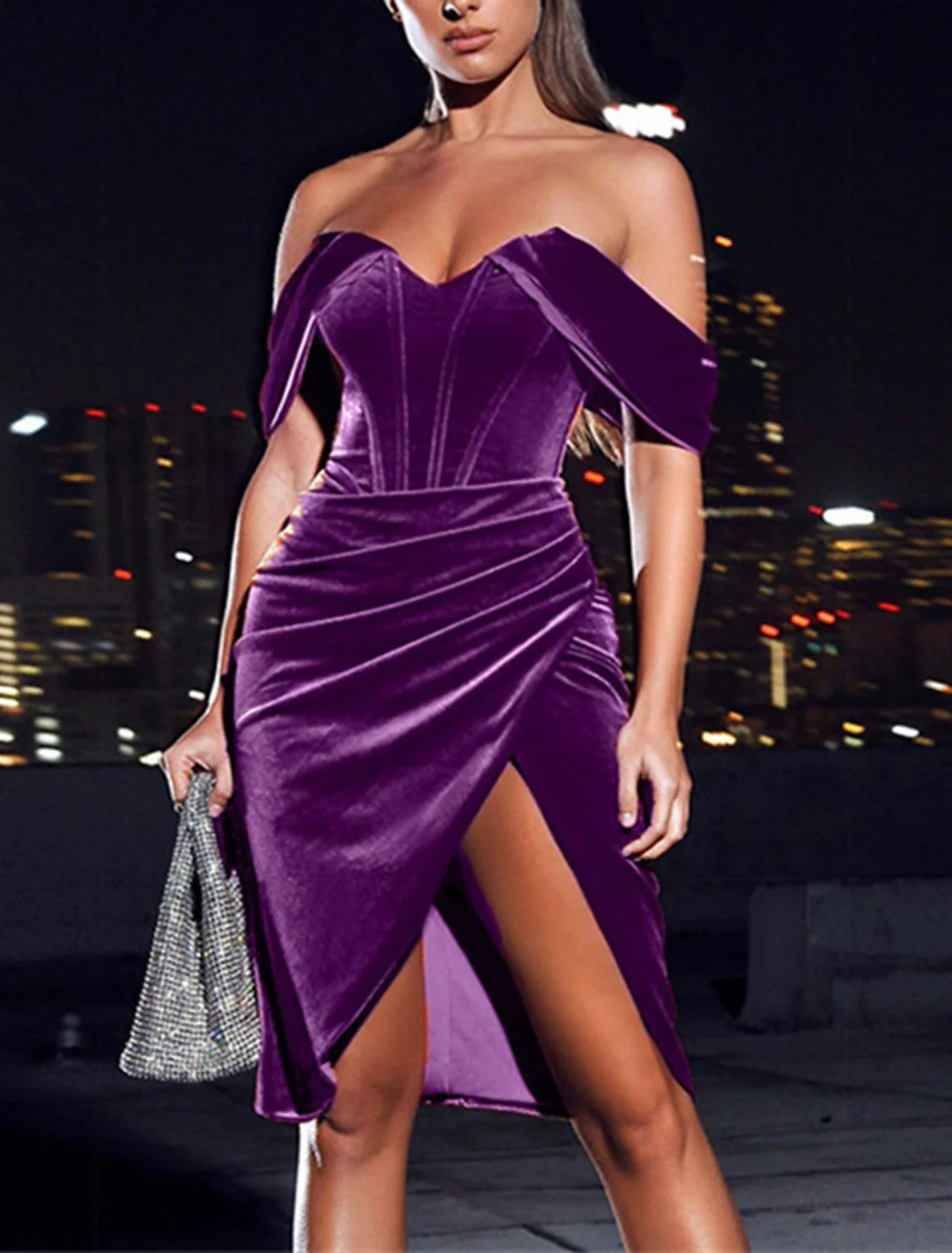 Sheath/Column Off-the-Shoulder Velvet Wedding Guest Dresses with Split Side - Image 3