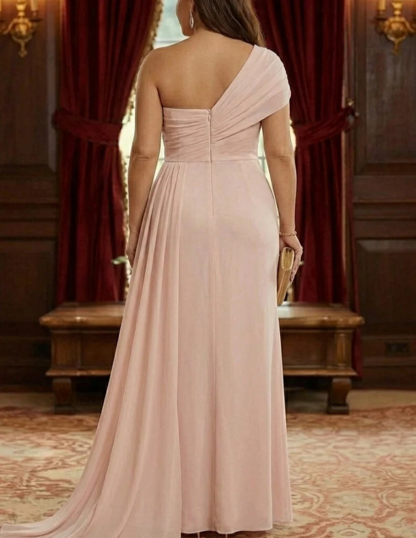 Sheath/Column One-Shoulder Chiffon Plus Size Mother of the Bride Dresses with Watteau Train Floor-Length Sleeveless - Image 2