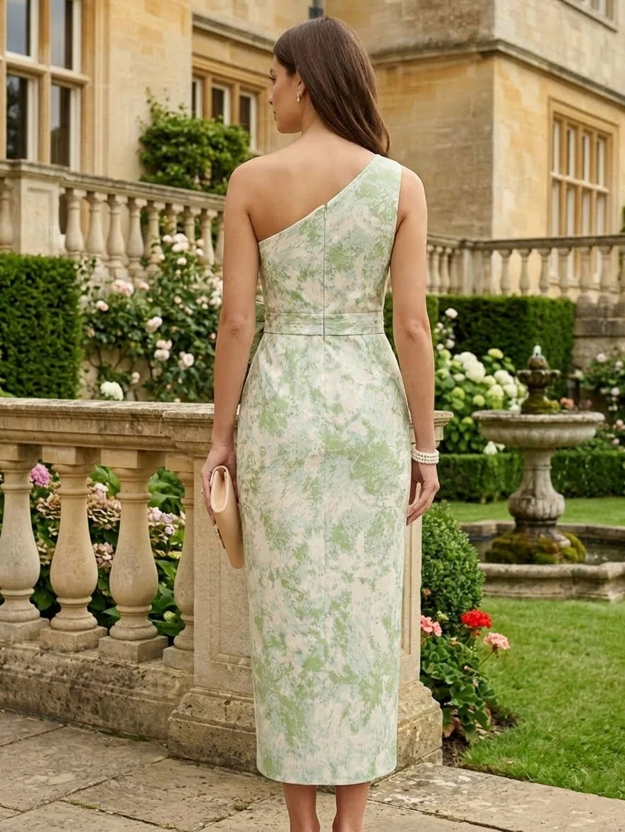 Sheath/Column One-Shoulder Jacquard Cocktail Dresses with Bowknot Tea-Length Floral Sleeveless Formal Dresses - Image 2
