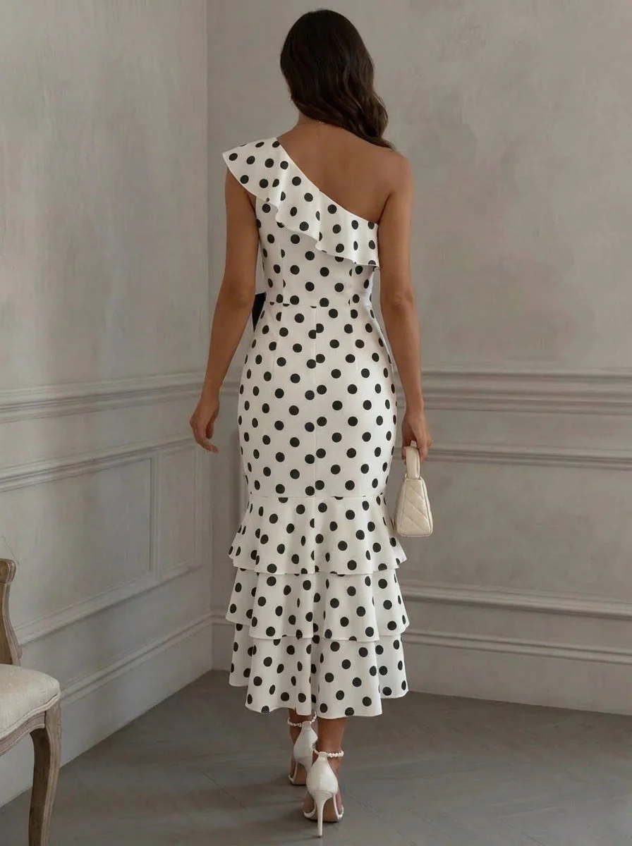 Sheath/Column One-Shoulder Polka Dot Cocktail Dresses with Bowknot Tea-Length Sleeveless Ruffles Formal Dresses - Image 2