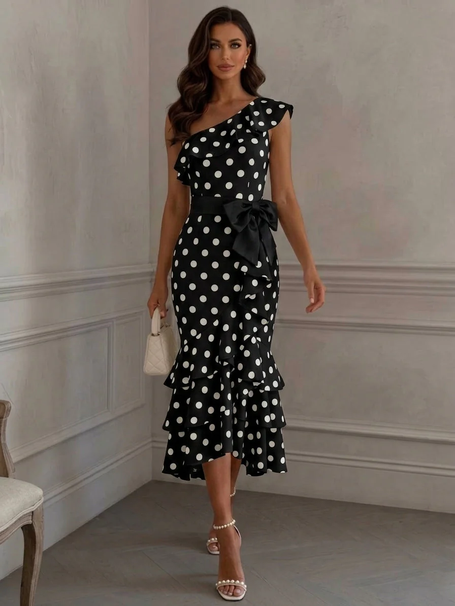 Sheath/Column One-Shoulder Polka Dot Cocktail Dresses with Bowknot Tea-Length Sleeveless Ruffles Formal Dresses - Image 3