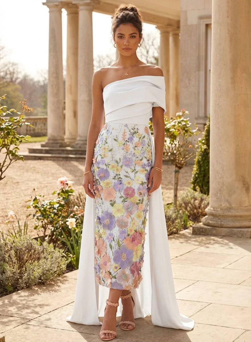 Sheath/Column One-Shoulder Satin Cocktail Dresses with Overskirt Sleeveless Floral Tea-Length Formal Dresses - Image 4